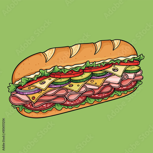 Vibrant cartoon illustration of a delicious, loaded submarine sandwich with various meats, cheese, and fresh vegetables on a green background.