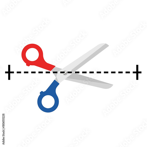 Scissors cutting along a dotted line, symbolizing a cut.
