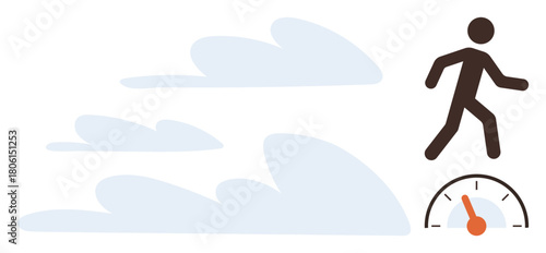 Human figure running beside speedometer and wind trails indicating acceleration and momentum. Ideal for themes thumbs up speed, progress, agility, motivation, fitness, energy, and dynamics. Simple