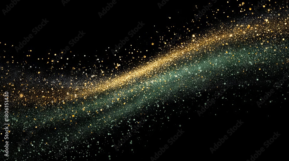 Fototapeta premium Green and gold glitter sparkling on dark black background festive shimmering luxury texture for elegant holiday party backdrop and glamorous celebration design