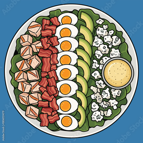 A vibrant overhead illustration of a classic Cobb salad, featuring rows of chicken, bacon, eggs, avocado, blue cheese, and dressing on a bed of greens.