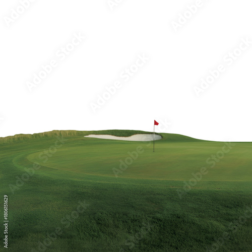 A solitary golf flag stands on a green hill against a dark backdrop
