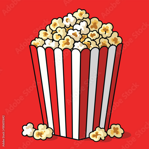 A classic red and white striped popcorn box overflowing with fluffy, golden popcorn kernels, set against a vibrant red background with a few kernels scattered at the base.