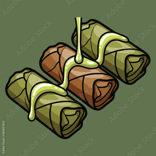 Three cartoonish rolled food items, possibly dolmades or spring rolls, with green sauce drizzled over them on a green background.