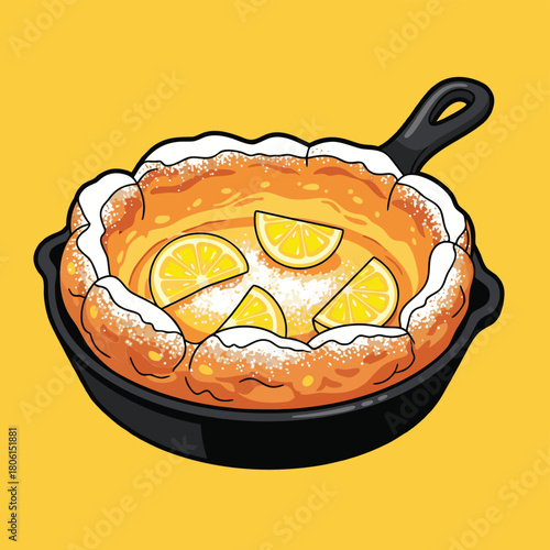 A vibrant illustration of a golden Dutch baby pancake in a cast iron skillet, garnished with powdered sugar and fresh lemon slices, set against a bright yellow background.