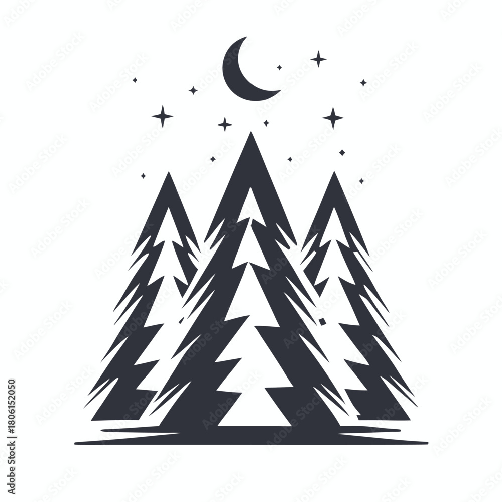 Obraz premium Three monochrome fir trees stand underneath a moon and stars in simple form