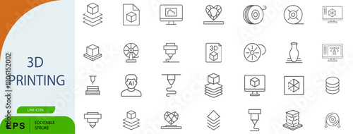 3D Printing Technology Icon Set Line Vector Design Collection