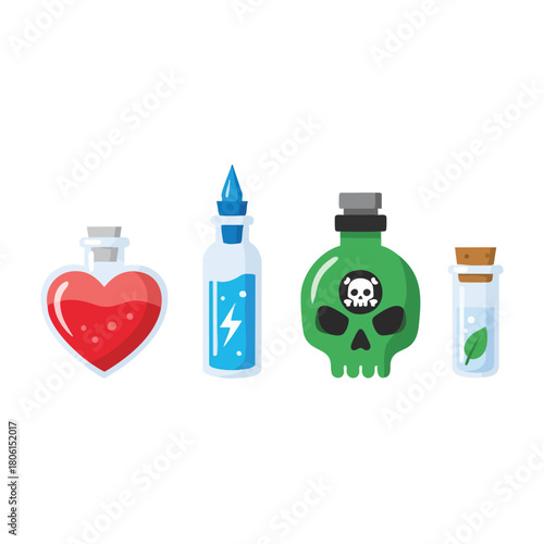 A colorful set of magic potion bottles with love poison and energy elixirs.