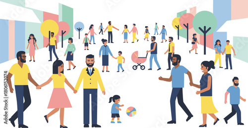 Urban street scene illustration, diverse people walking and playing, colorful buildings and trees, community lifestyle concept, flat vector artwork