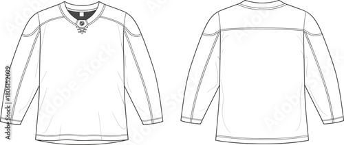 Long-sleeve shirt sketch, V-neck with center detail, seam lines and yoke, fashion garment construction, flat vector illustration