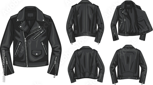Black leather biker jacket illustration, front back side inside views, zipper and pocket details, fashion outerwear concept, flat vector artwork