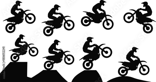 Dirt bike rider silhouettes, motocross jump and terrain action poses, extreme sport concept, black vector illustration set