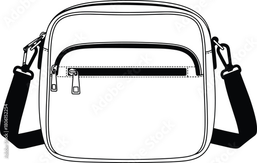 Shoulder bag sketch, front zip pocket and strap detail, rectangular shape with rounded corners, fashion accessory, flat vector illustration