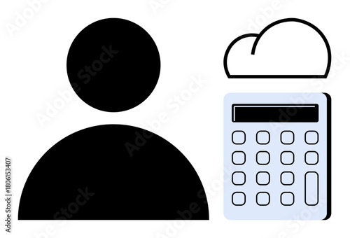 Person icon next to calculator with a cloud above, representing computation, online tools, and connectivity. Ideal for digital finance, cloud storage, user management, education, analytics SaaS