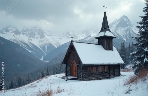 Wallpaper Mural Snow covered log church sits on mountain slope. Majestic snow capped peaks loom behind the small wooden building. Pine trees dot the frosty landscape. Overcast sky hangs above the remote chapel. Torontodigital.ca