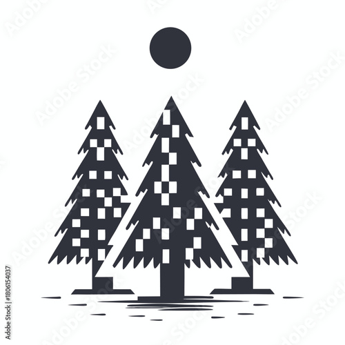 Three squared pine trees stand tall below a dark, ominous moon in grayscale