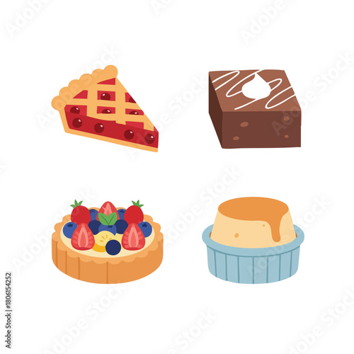 A sweet collection of illustrated desserts including pie tart brownie and pudding.