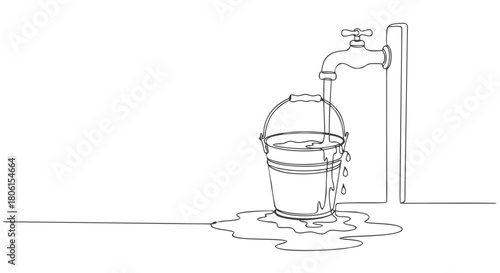 Detailed continuous line illustration depicting a leaking faucet filling an overflowing bucket, with water spilling on the ground, symbolizing resource waste