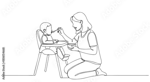 Continuous line art drawing of a mother feeding her baby with a spoon while the baby sits in a high chair, simple and elegant illustration