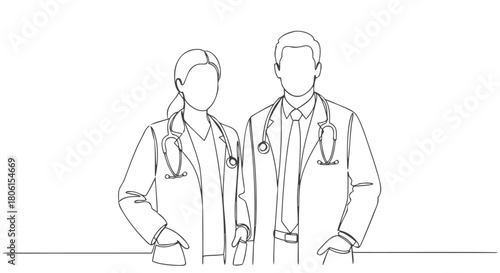 Continuous line drawing of a male and female doctor standing together, medical professionals, teamwork, and health care illustration