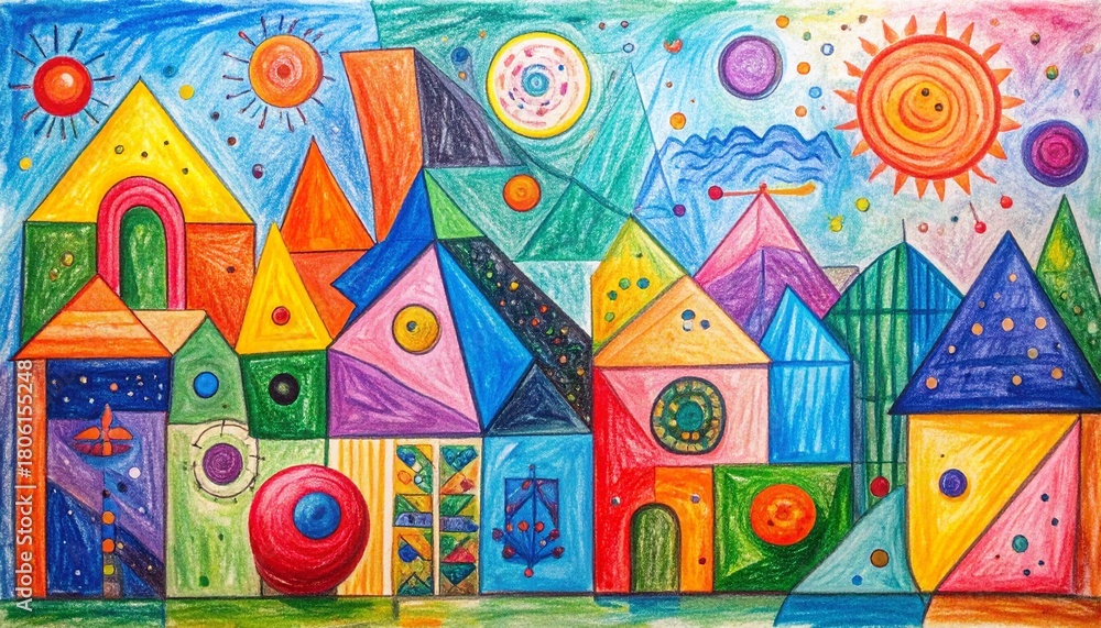 Naklejka premium Funky crayon drawn geometric shapes and doodle lines. Colorful pencil or chalk drawn naive Swiss design aesthetic. Basic geometric shapes, dots, playful pattern, primitive forms and figures.