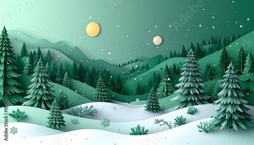 Horizontal green Merry Christmas and Happy New Year greeting card header banner in paper art style with snowy winter landscape snow covered trees for holiday message and festive background
