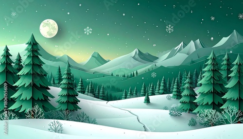 Horizontal green Merry Christmas and Happy New Year greeting card header banner in paper art style with snowy winter landscape snow covered trees for holiday message and festive background
