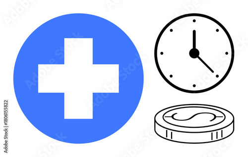 Blue cross health icon, analog clock, and coin representing healthcare balance, financial planning, time management, medical funding, patient care, insurance decision-making. Ideal for simple flat