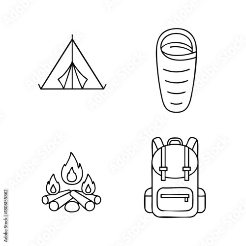 Camping and outdoor adventure line icon set with tent sleeping bag campfire and backpack.