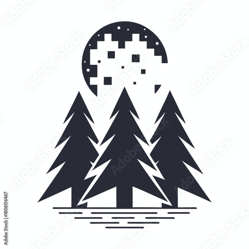Pixelated moon shines above silhouetted pine trees over small ripples of water peacefully