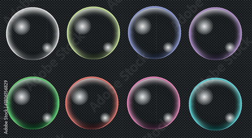 Bubbles, realistic 3d colour soap bubble isolate on vector transparent background. Abstract soap foam or glass bubbles with glossy light