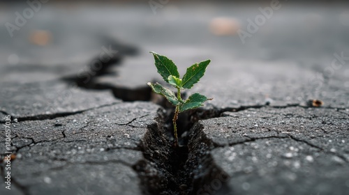 Fototapeta Naklejka Na Ścianę i Meble -  Small plant grows through cracked asphalt in an urban setting, symbolizing resilience and nature's persistence in difficult conditions