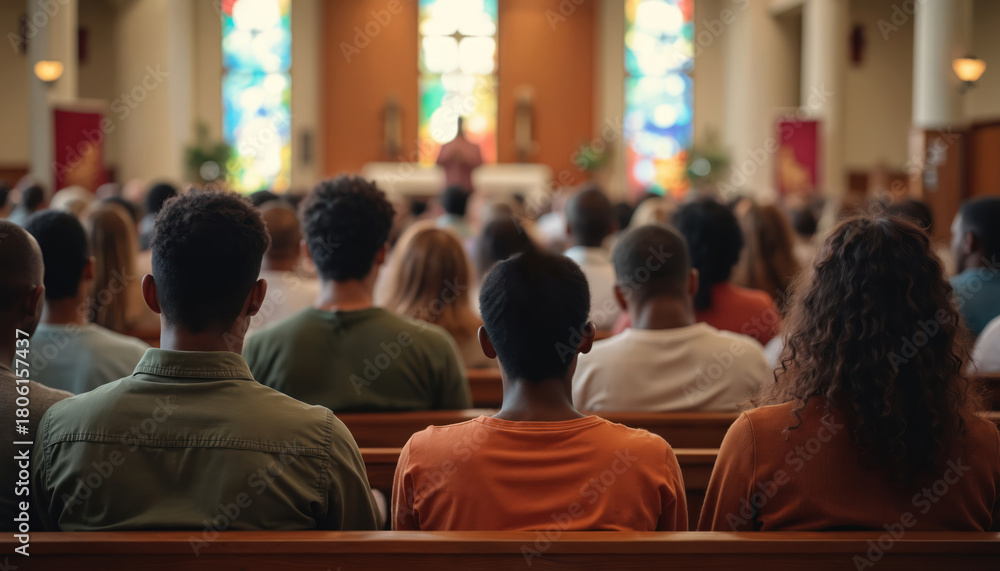 Naklejka premium Diverse group of adults sits in church pews listening to preacher during Sunday sermon. People gather together for worship service in sanctuary, spiritual community engaged.
