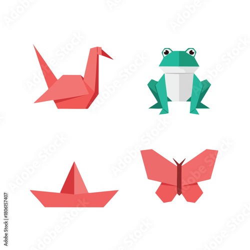 Collection of colorful flat design origami figures on a white background.