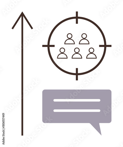 Arrow pointing upward symbolizes growth, target icon holds individuals, speech bubble implies communication. Ideal for marketing, strategy, teamwork, growth, engagement, audience reach simple flat