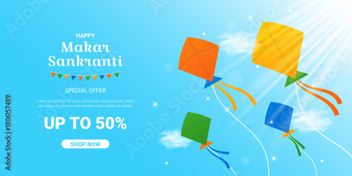 Happy Makar Sankranti sale banner design. Special offer 50 percent off discount for holiday season template with colorful kites flying in blue sunny sky flat style. Vector illustration