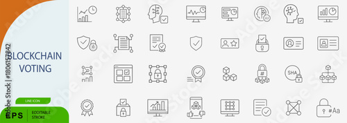 Blockchain Voting Digital Secure Election Line Vector Icon Set