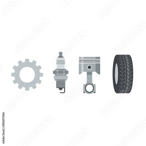 Collection of essential car parts isolated on white background.