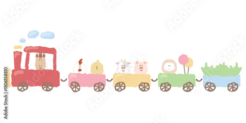 やさしいどうぶつ日和｜農場動物列車イラスト（幼児向け・やさしい色）