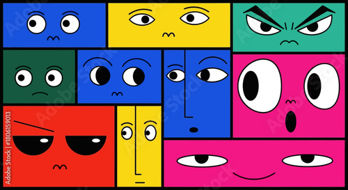 A vibrant and diverse collection of abstract cartoon faces on colorful blocks, expressing a wide range of emotions and moods in a minimalist vector style