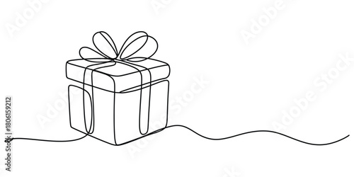Continuous line drawing of a gift box with a bow for celebrations