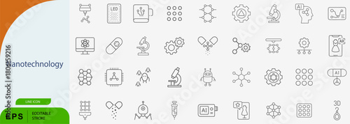 Nanotechnology Science Research Atom Molecule Line Vector Icon Set