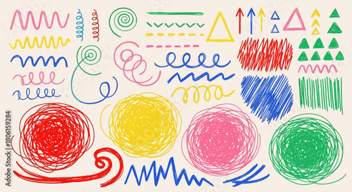 A colorful collection of hand-drawn doodle elements, including abstract scribbles, lines, shapes, and arrows for creative design projects