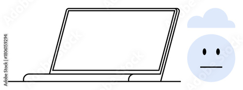 Open laptop with a neutral emotive face next to a cloud icon, symbolizing technology, emotions, and online connection. Ideal for mental health, digital work-life balance, cloud computing, minimalism