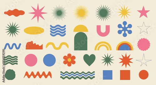 A collection of colorful abstract geometric shapes and trendy brutalist elements. Set of modern minimalist vector forms and symbols