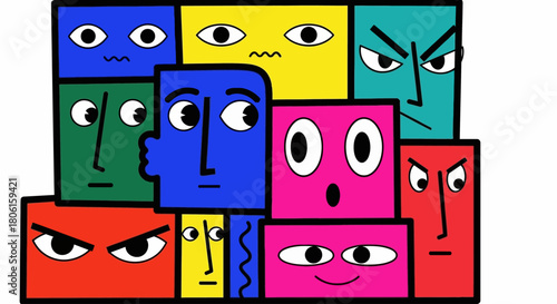 A vibrant collection of diverse geometric character faces expressing a spectrum of emotions in a colorful abstract mosaic