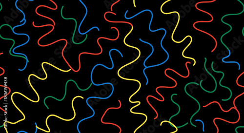 Abstract seamless pattern with vibrant, colorful, squiggly lines randomly scattered on a black background, a modern and playful vector design