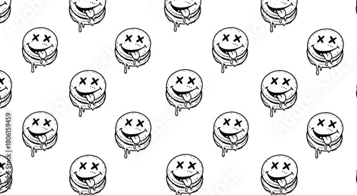 Seamless black and white pattern of a melting cartoon cookie with a dizzy dead smiley face and dripping details for a modern backdrop