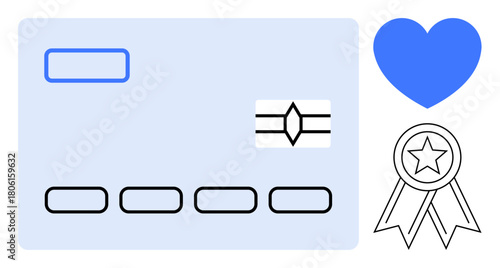 Credit card surrounded by a blue heart and ribbon badge with star. Ideal for finance, trust, loyalty programs, rewards, recognition, customer satisfaction, simple flat metaphor