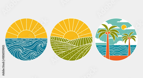 Collection of circular nature emblems featuring stylized sunrise over ocean waves, farm fields, and a tropical beach with palm trees